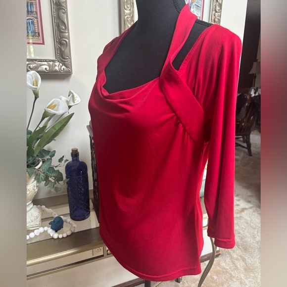 JOSEPH RIBKOFF Red Off The Shoulder Halter Style Blouse Drape Neck Top Sz 16 - Picture 6 of 11